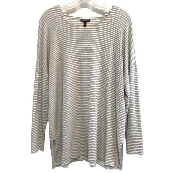 Eileen Fisher Tops - Eileen Fisher Tencel Terry Tunic Top Gray White Stripe Long Sleeve Loungewear L